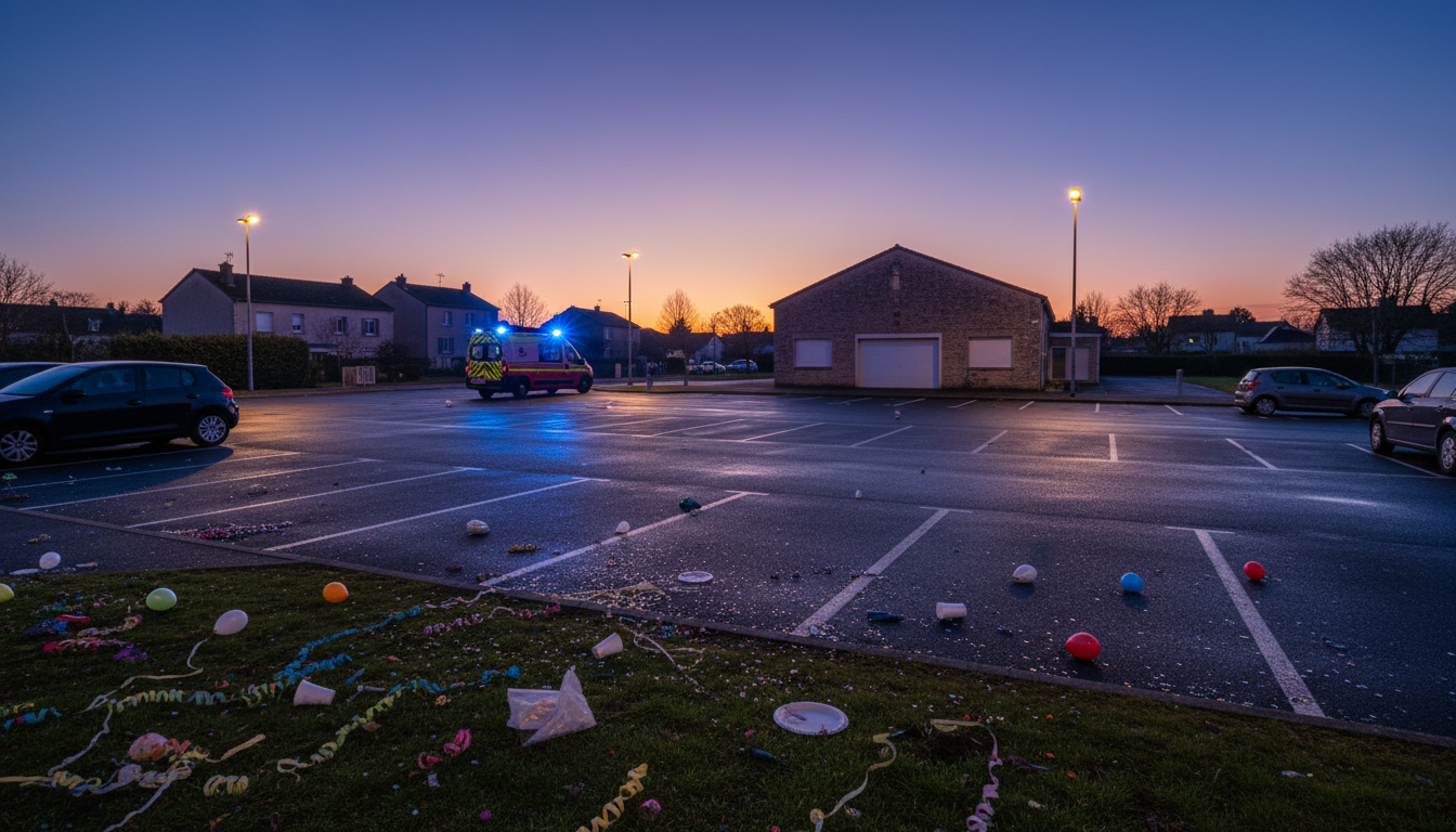 Parking de Longjumeau avec véhicule de secours après l'accident