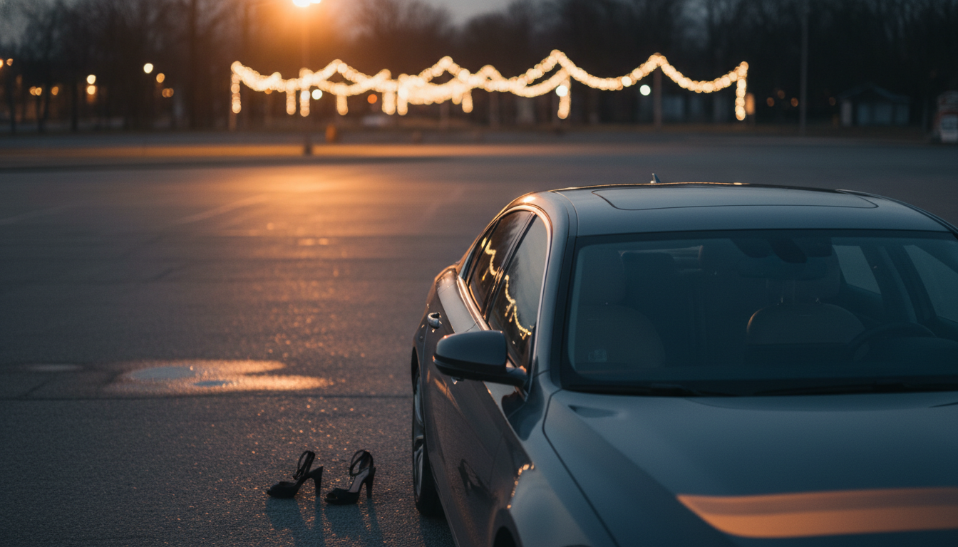 Toit de voiture et chaussures au sol sur un parking de nuit