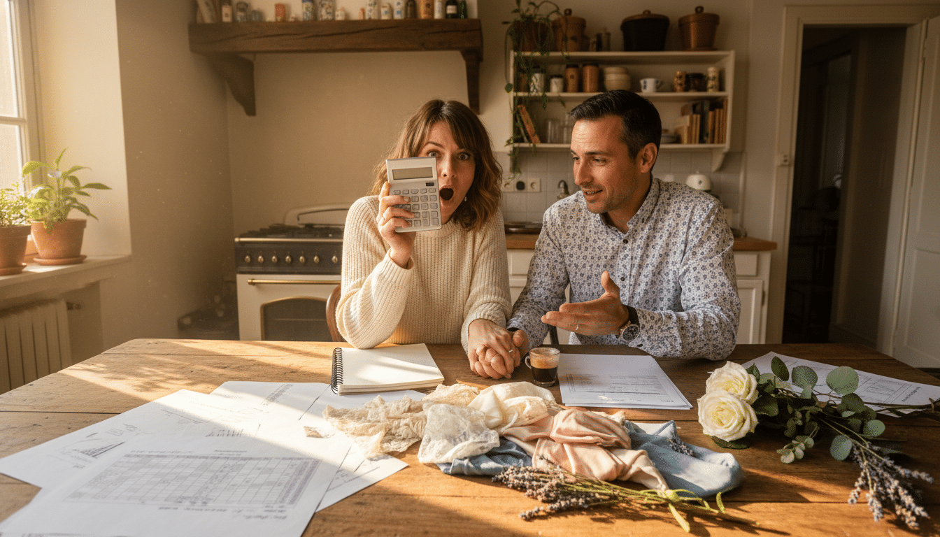 Couple français planifiant le budget de leur mariage