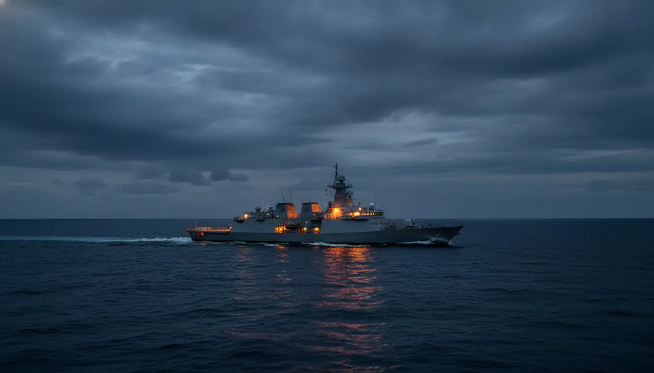 Frégate de la Marine nationale naviguant de nuit en Méditerranée