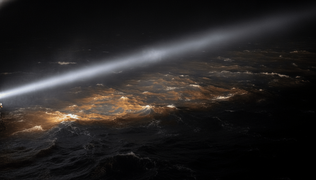 Projecteur de recherche en mer balayant les vagues de nuit