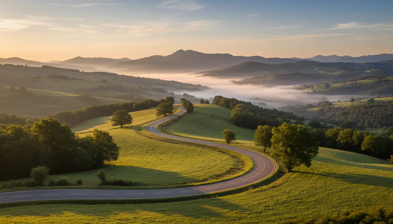 Route de campagne sinueuse dans les collines verdoyantes du Pays Basque au lever du soleil