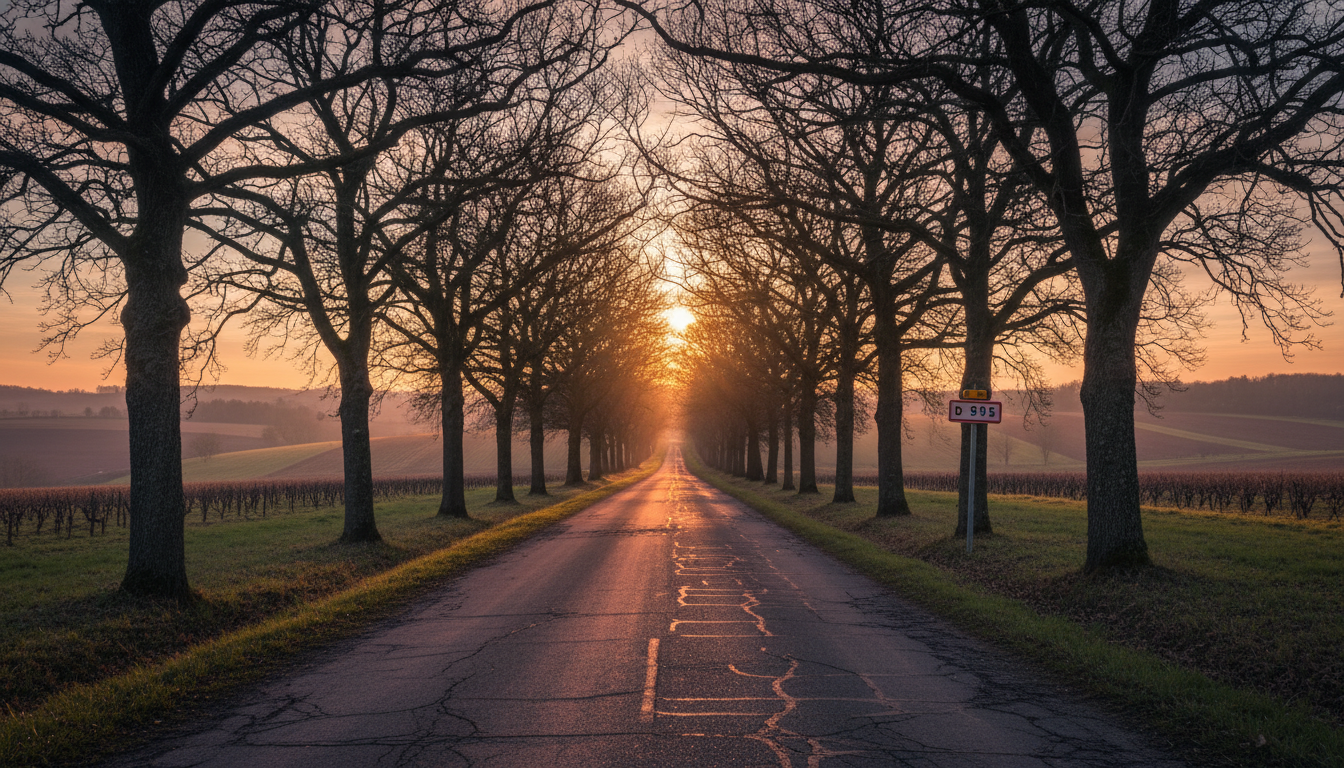 Route départementale bordée d'arbres dans la Marne au crépuscule