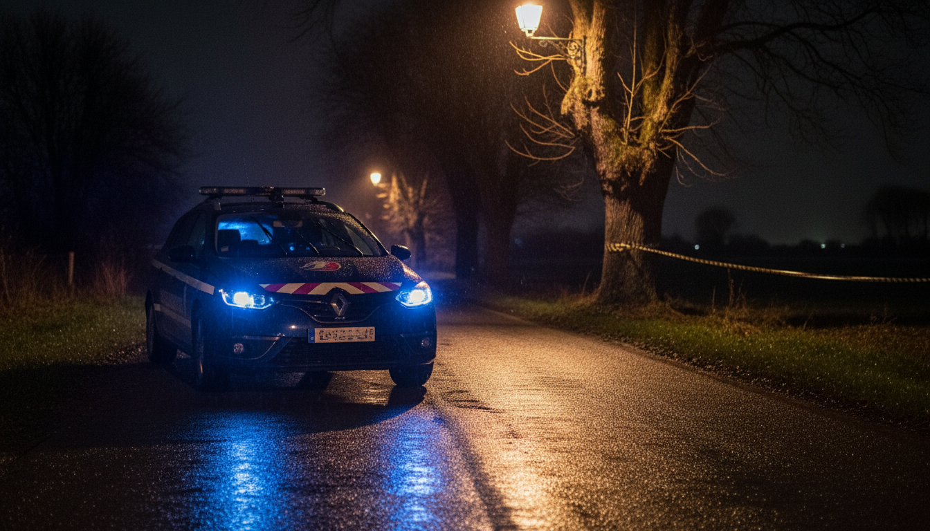 Véhicule de gendarmerie avec gyrophares sur une route rurale de nuit