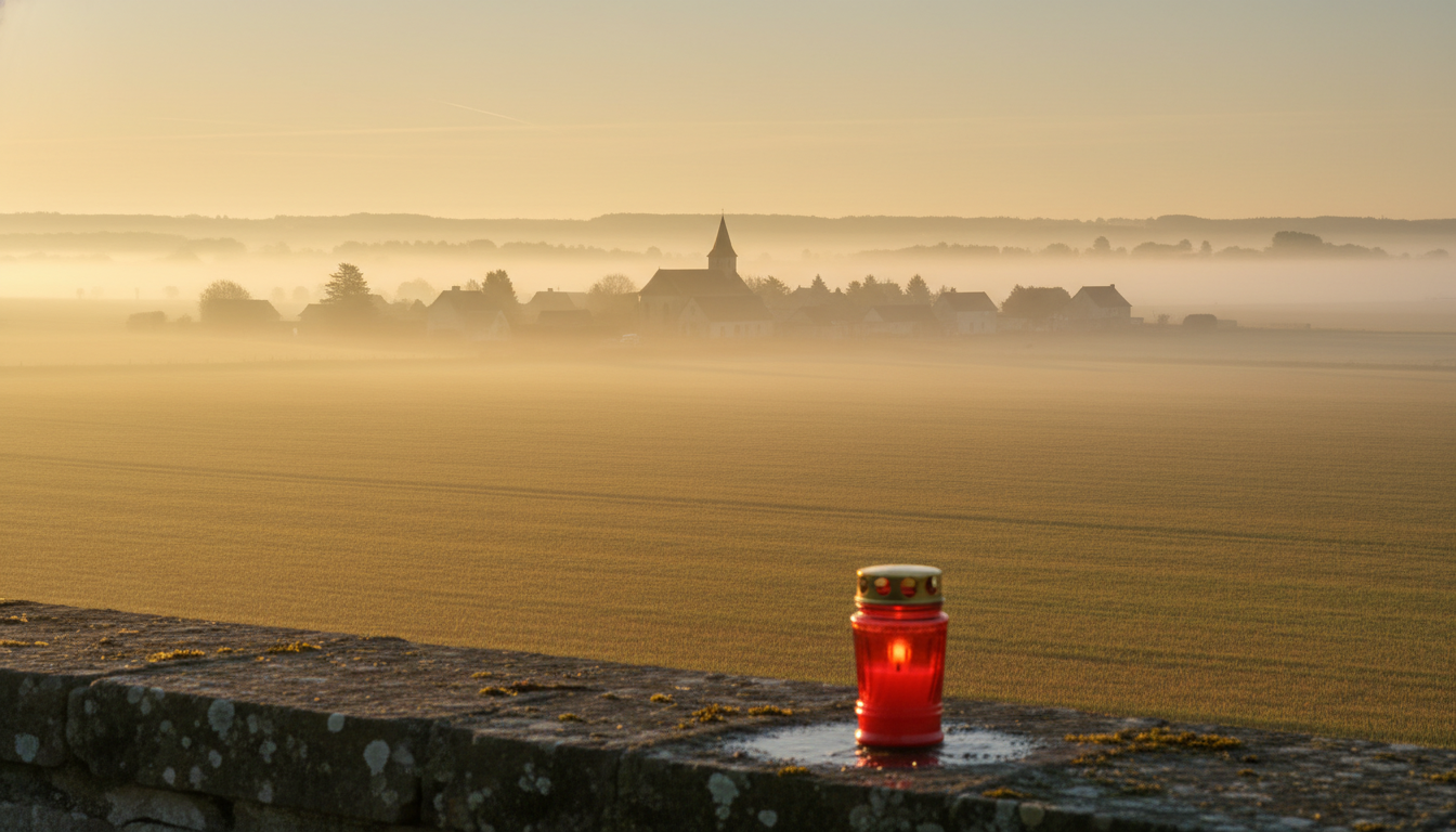 Village rural de la Marne à l'aube avec bougie commémorative
