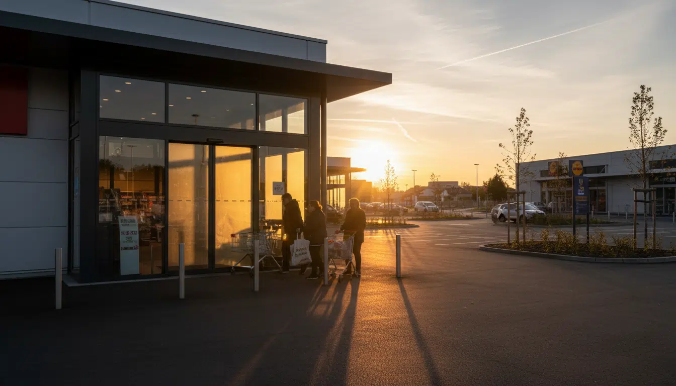 Entrée d'un magasin Lidl en France au coucher du soleil