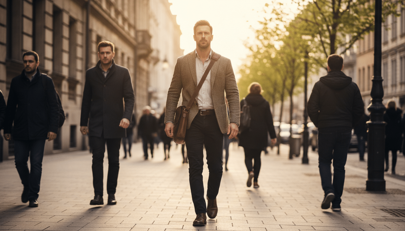 Homme marchant avec assurance dans une rue ensoleillée