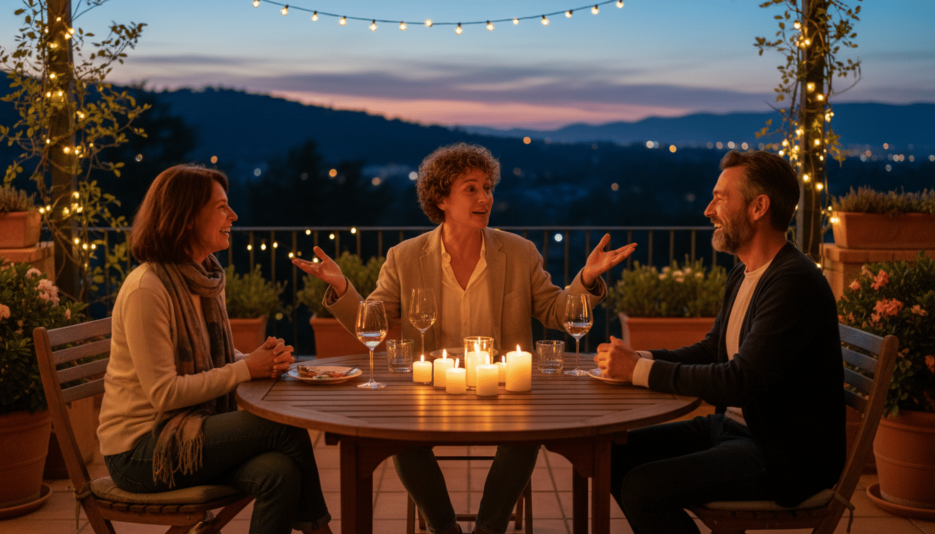 Amis discutant autour d'une table en terrasse au crépuscule