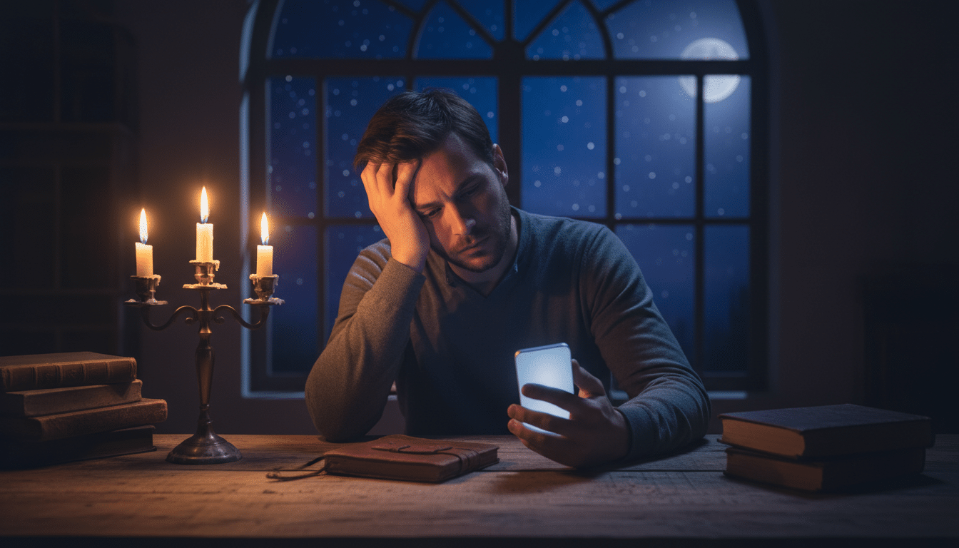 Personne hésitante devant son téléphone la nuit