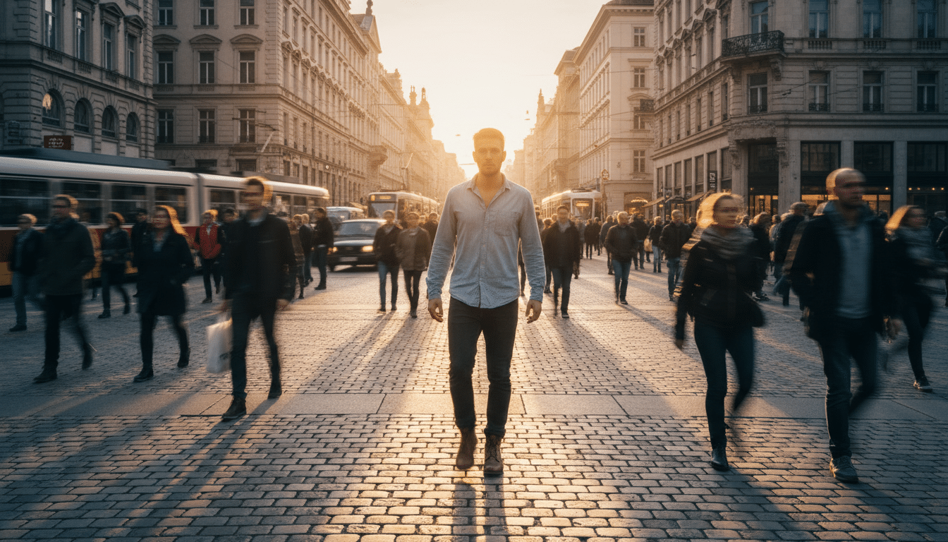 Homme impulsif à un carrefour baigné de lumière