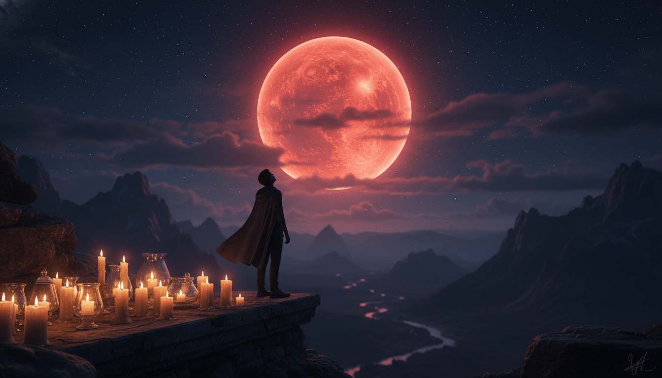 Personne contemplant une planète rouge dans un ciel étoilé