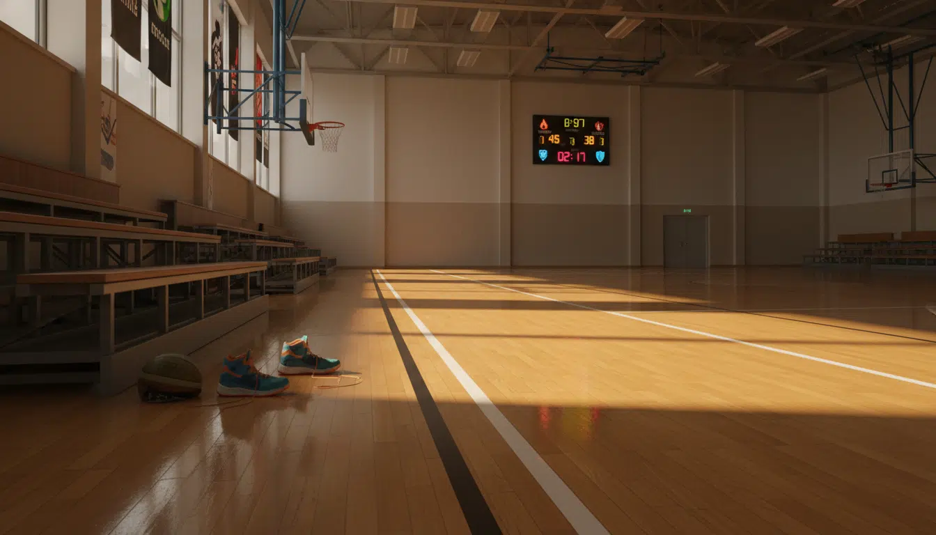 Gymnase de basket vide avec parquet et gradins