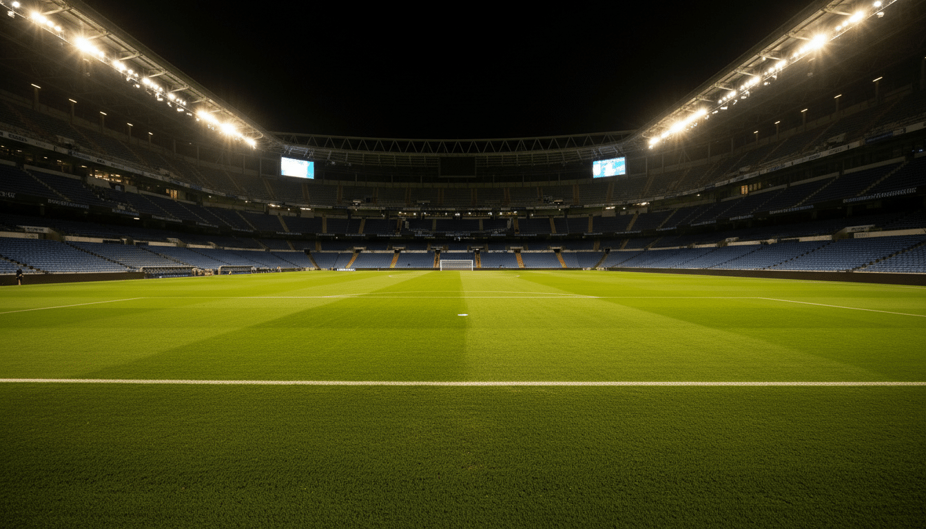 Le stade Santiago Bernabeu la nuit, éclairé par les projecteurs, avant un grand match de Ligue des Champions