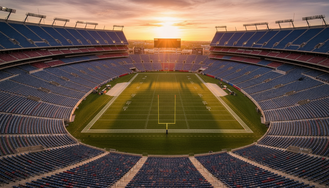 Vue aérienne d'un stade de football au coucher du soleil