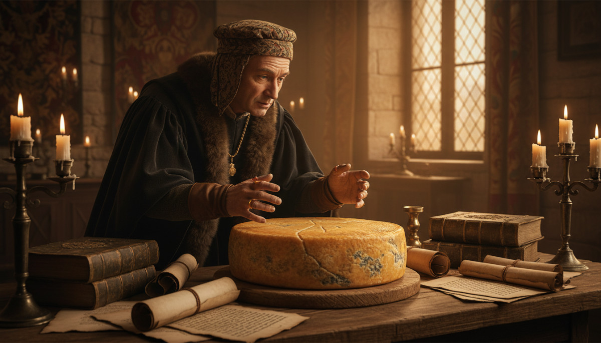 Médecin médiéval examinant un fromage avec manuscripts latins