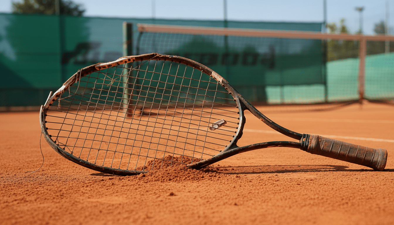 Raquette de tennis brisée et fracassée sur la terre battue orange d'un court de tennis
