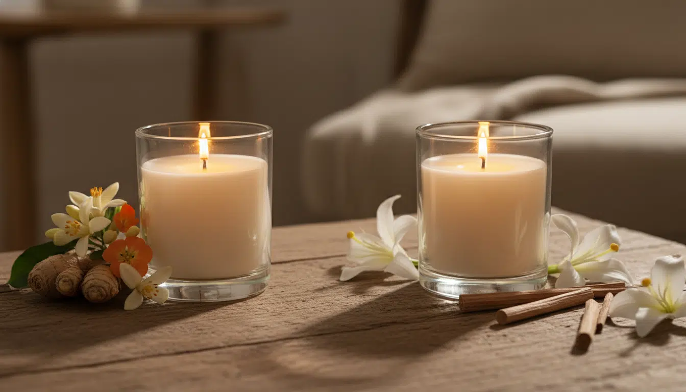Deux bougies parfumées de luxe entourées de fleurs et épices sur une table en bois