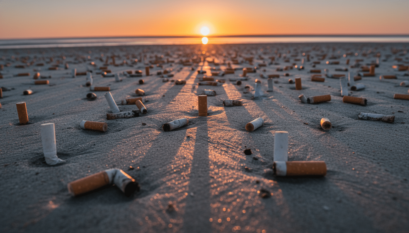Mégots de cigarettes échoués sur une plage polluée