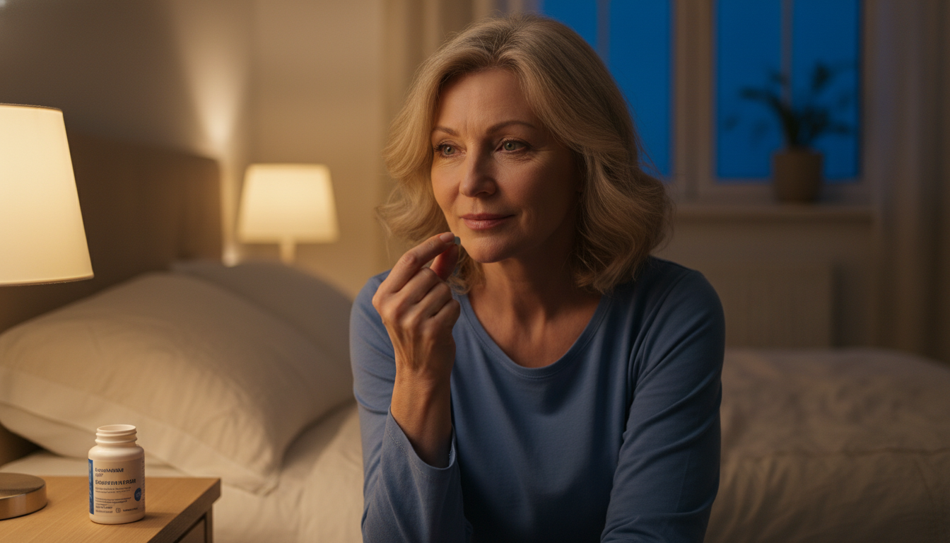 Femme tenant un comprimé de mélatonine avant de dormir