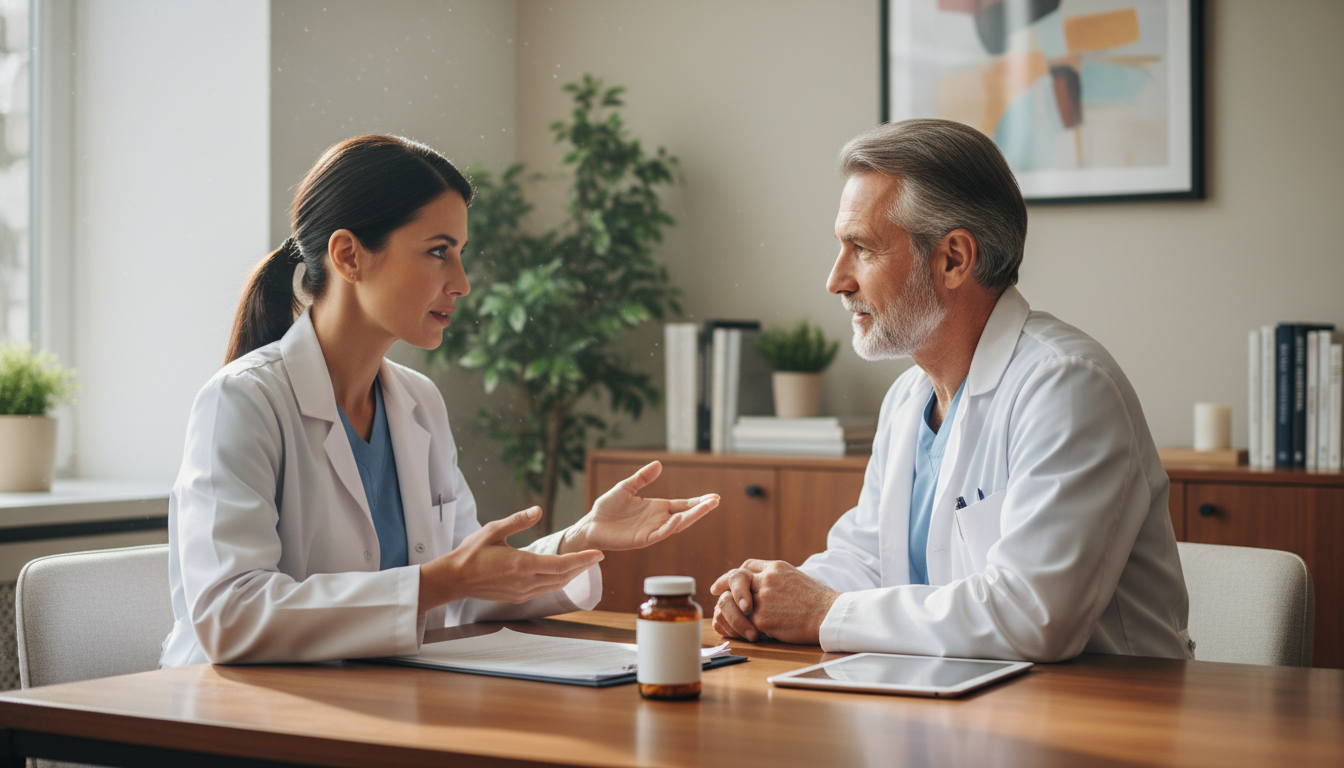 Patient senior consultant un médecin au sujet de compléments