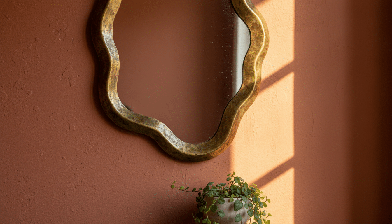 Miroir vintage à bords irréguliers en laiton sur mur terracotta