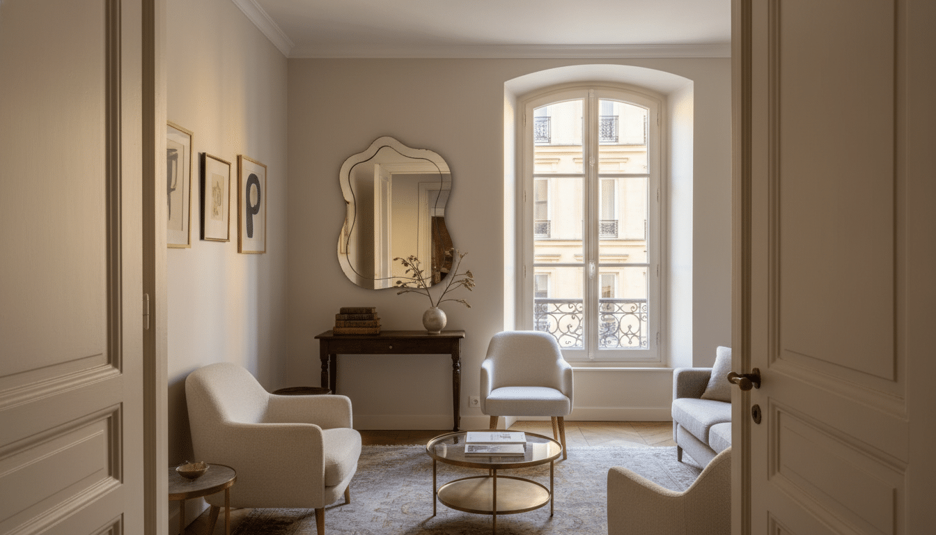 Miroir face à une fenêtre agrandissant visuellement un petit salon