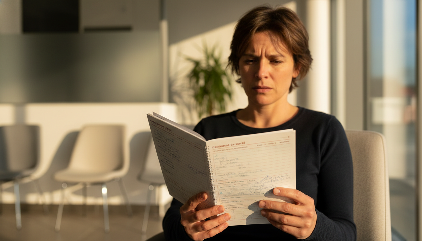 Parent inquiet consultant un carnet de santé chez le médecin