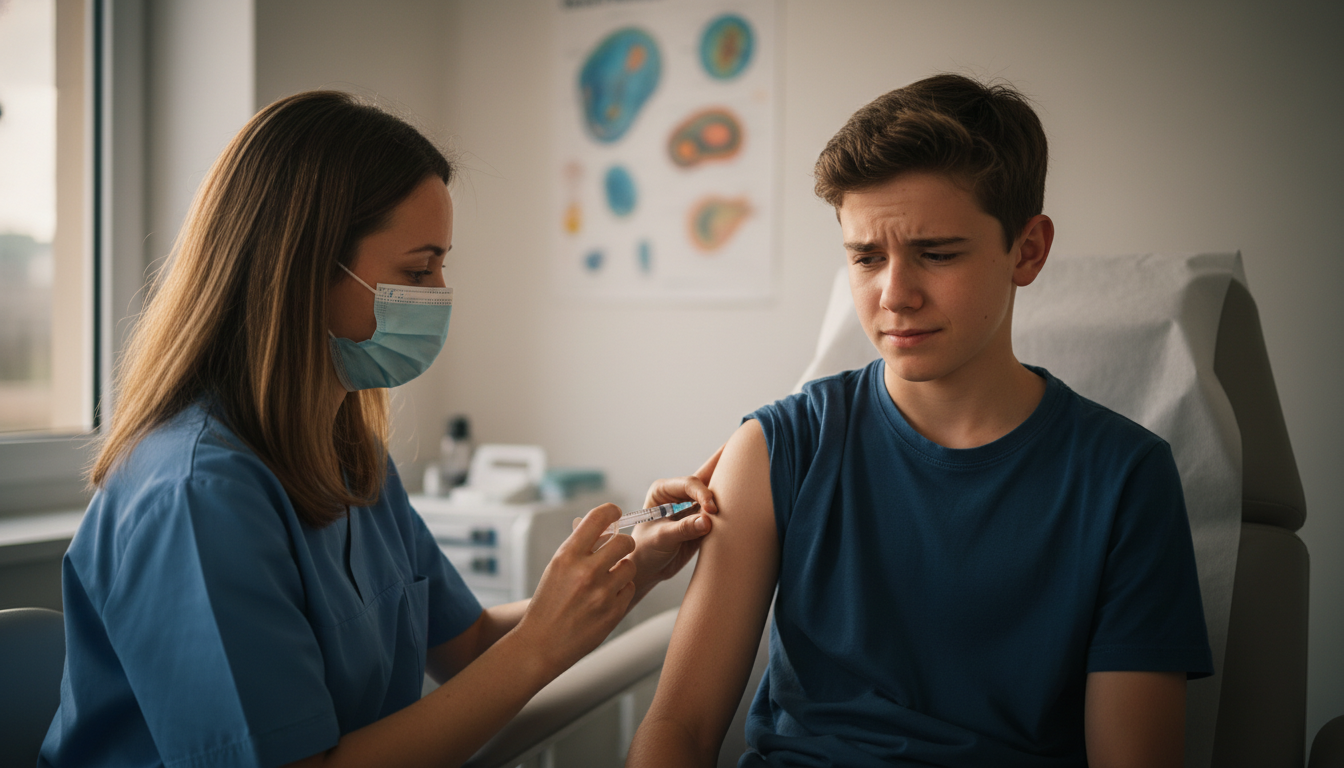 Adolescent recevant un vaccin méningocoque chez un professionnel de santé