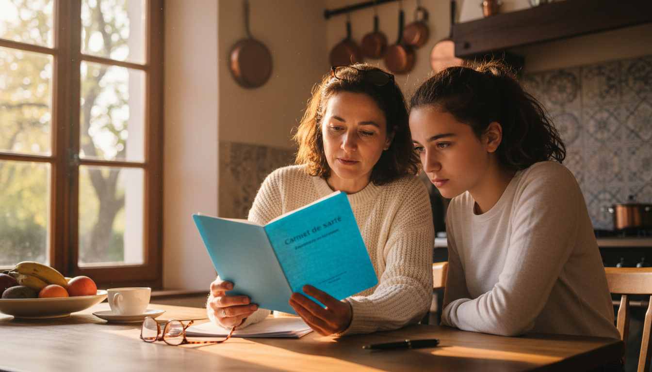 Mère et adolescente vérifiant le carnet de vaccination à la maison