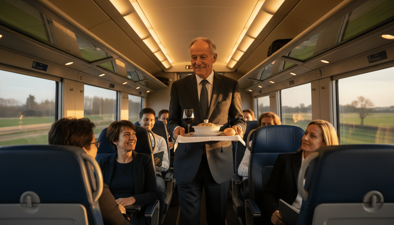Jean Castex servant des plateaux-repas dans l'allée du TGV