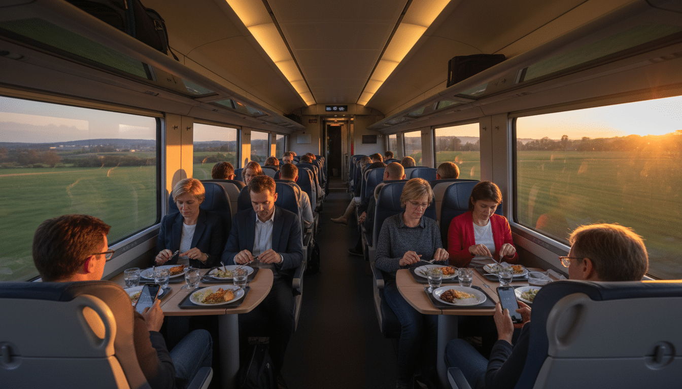 Passagers du TGV mangeant leurs plateaux-repas pendant le retard