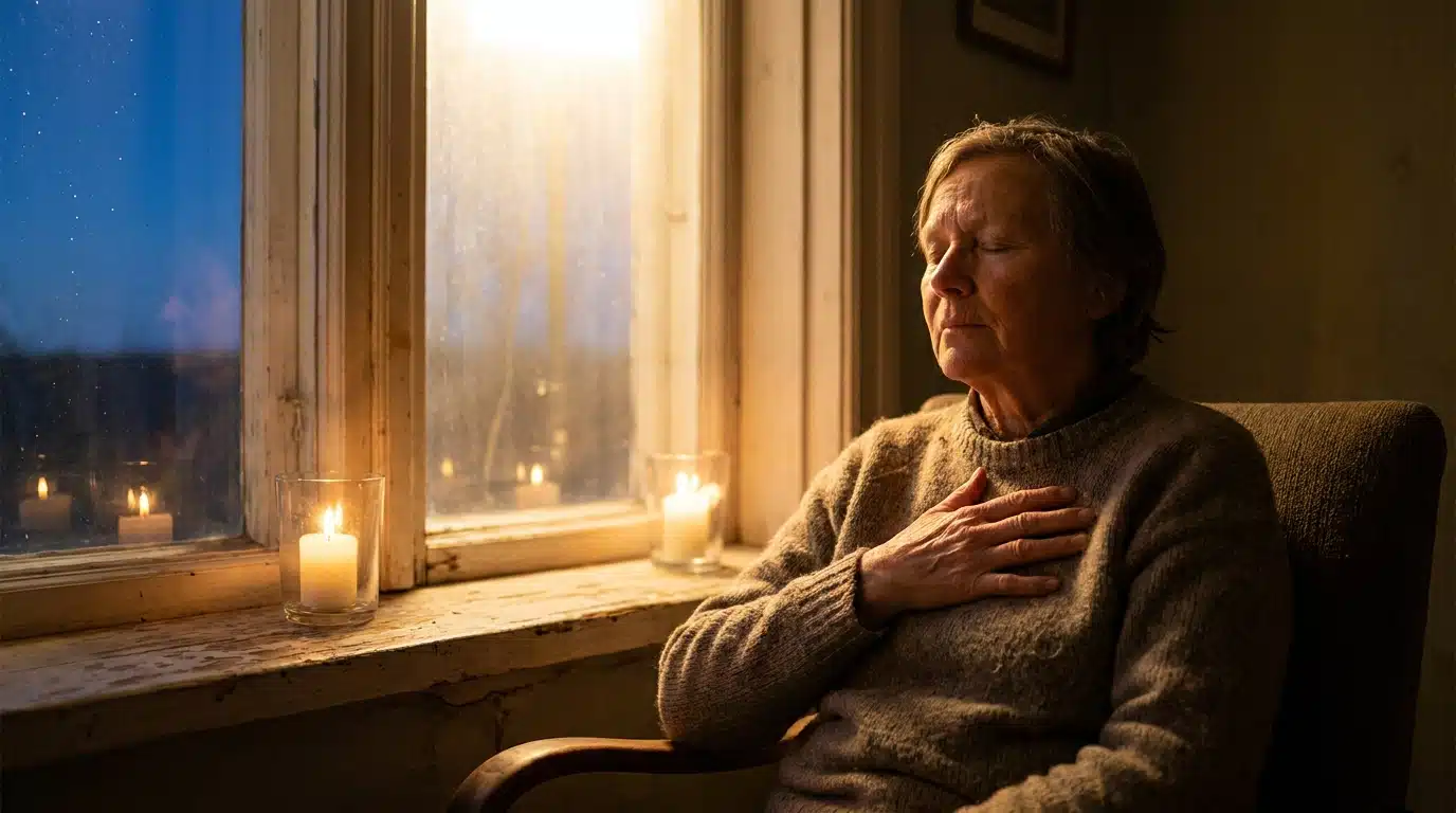 Personne méditative baignée de lumière dorée près d'une fenêtre