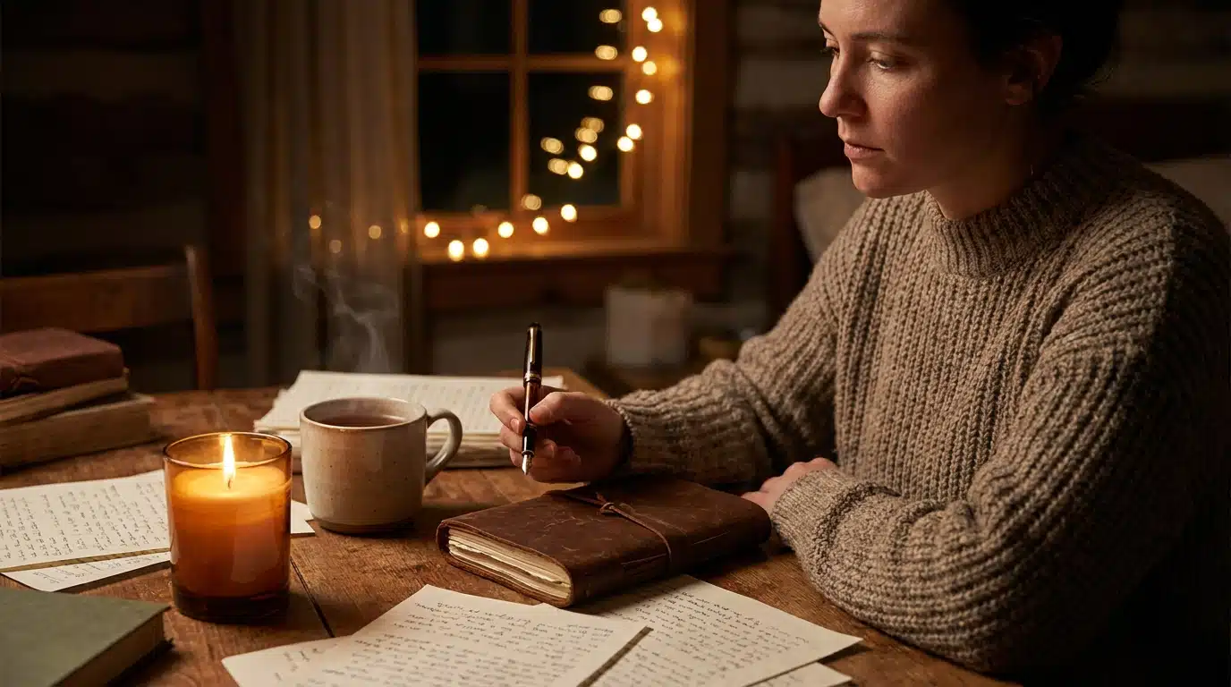 Personne écrivant dans un journal à la lueur de bougies