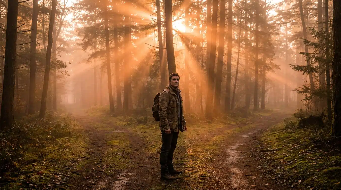 Personne à la croisée des chemins dans une forêt dorée