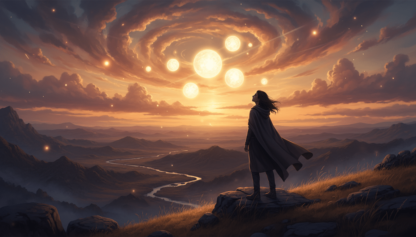 Personne contemplant un ciel intense avec six astres lumineux