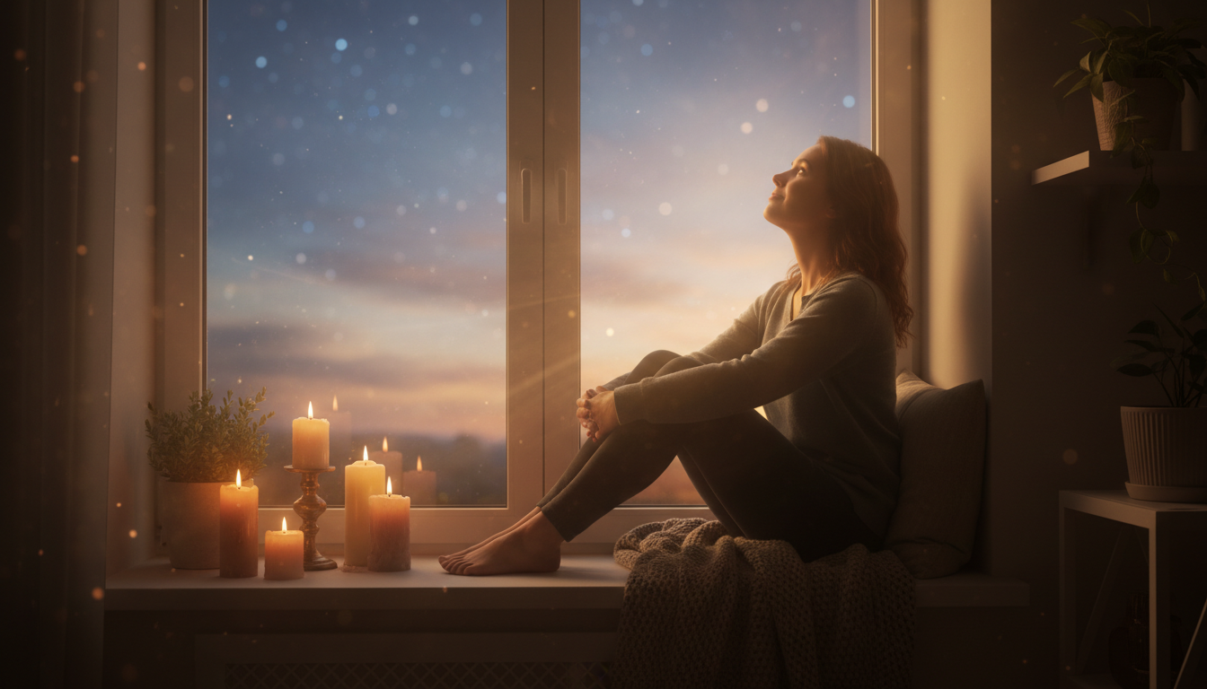 Personne soulagée regardant le ciel à l'aube dorée