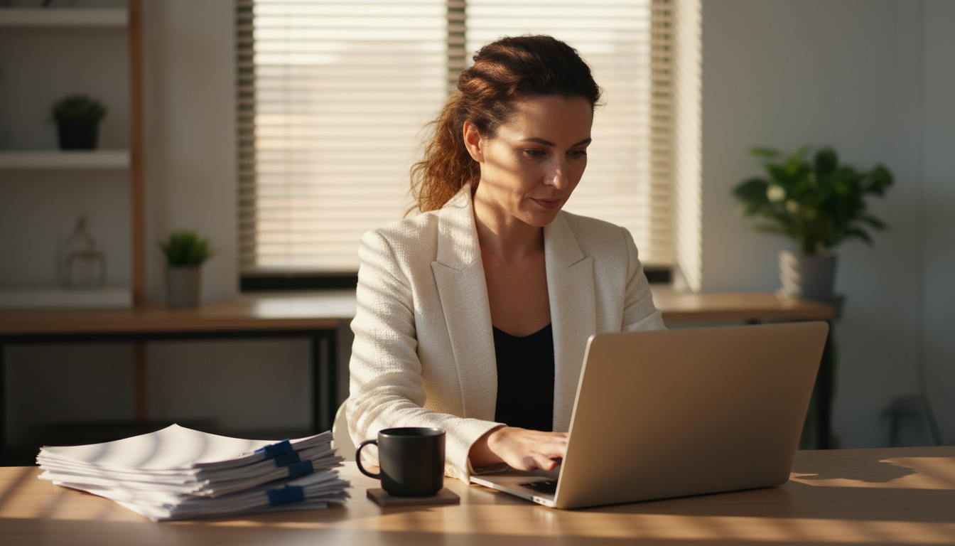 Femme déterminée reprenant un projet à son bureau