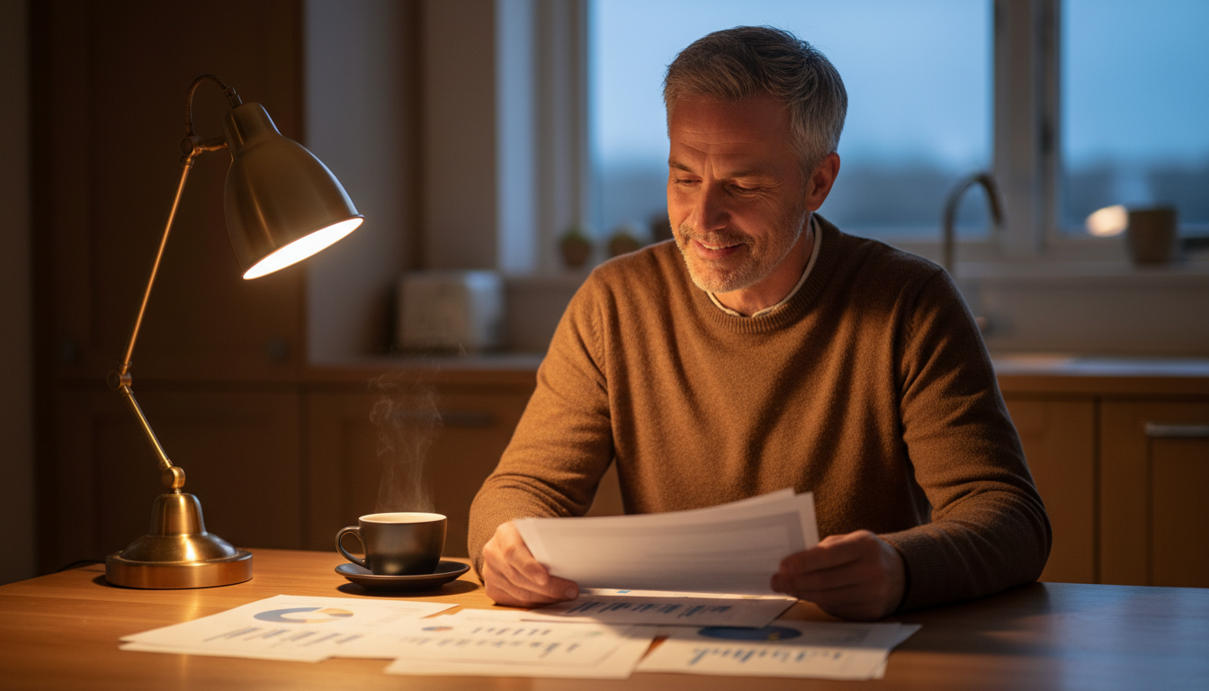 Homme serein vérifiant ses documents financiers
