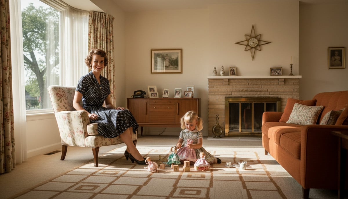 Mère et fille jouant avec des poupées dans salon années 50