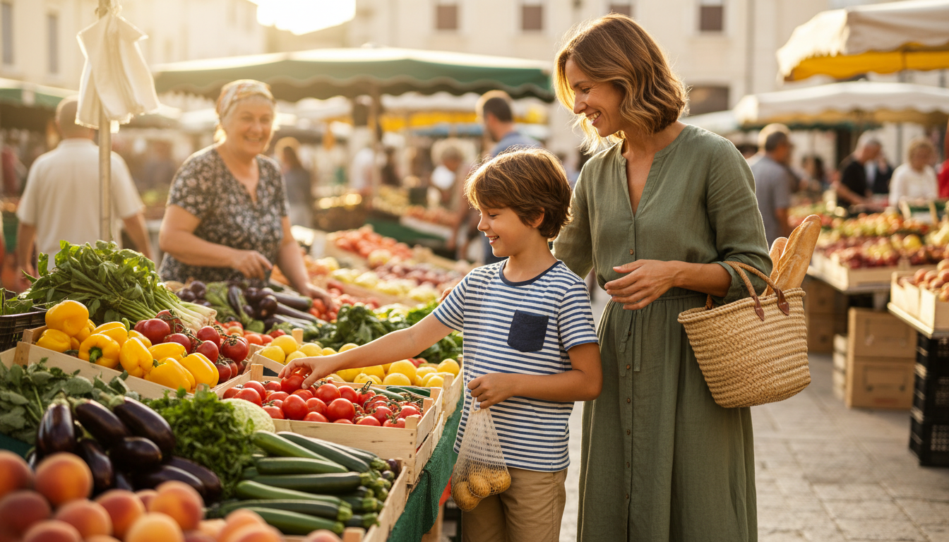 Mère et fils faisant les courses au marché