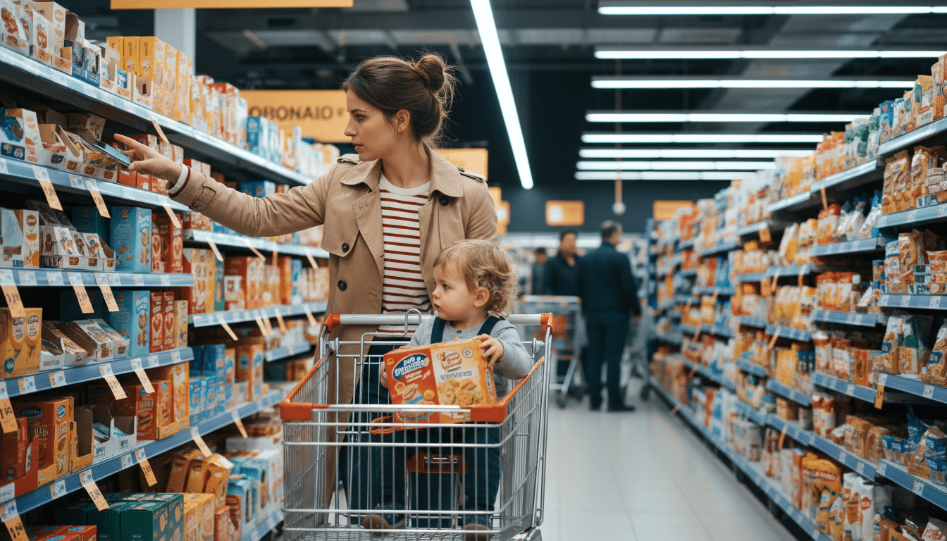 Mère et fils faisant les courses dans un supermarché discount