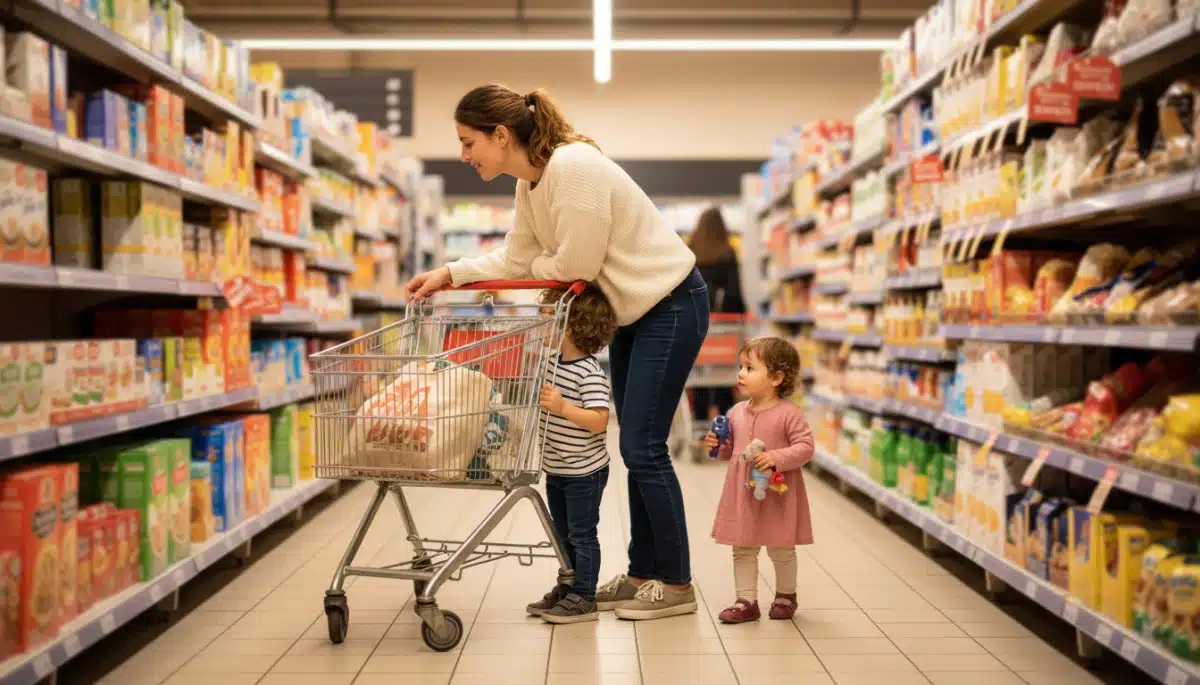 Mère faisant ses courses au supermarché avec ses enfants