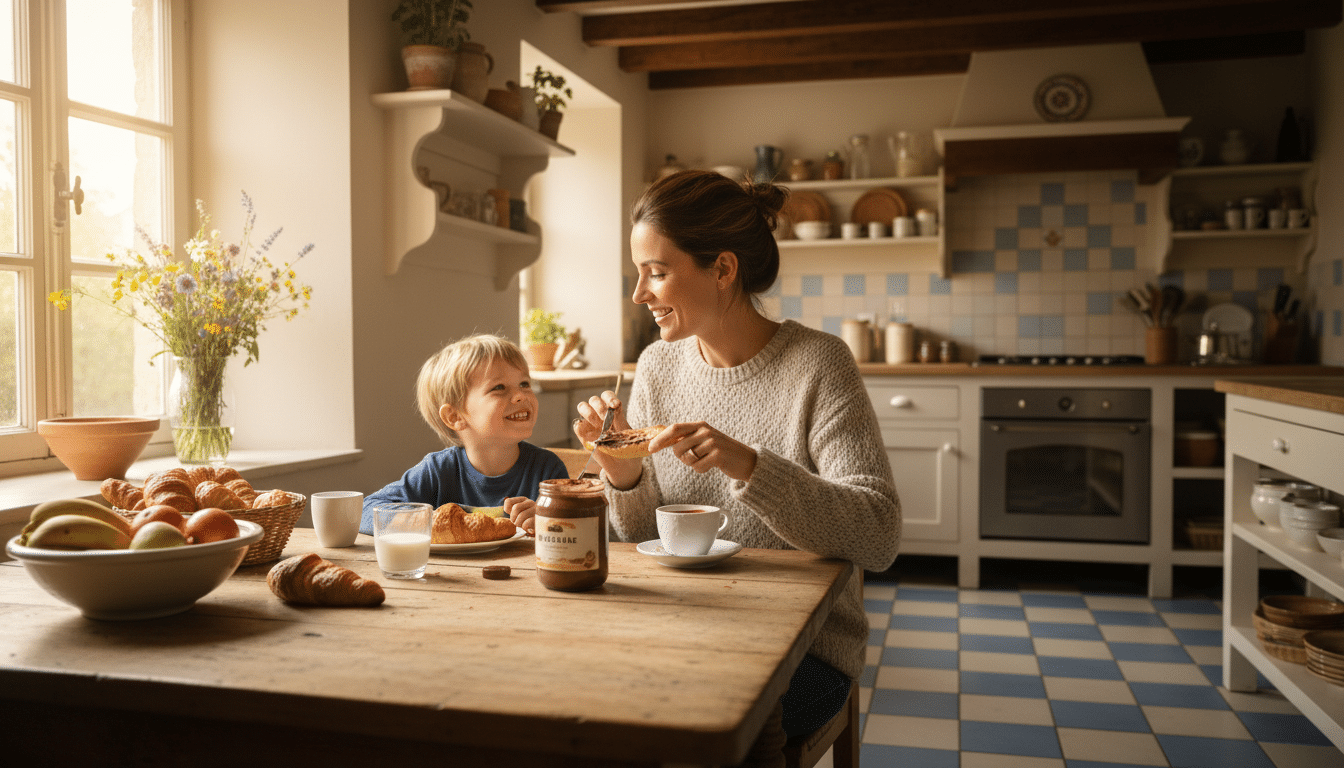Mère préparant des tartines au Nutella pour son enfant le matin