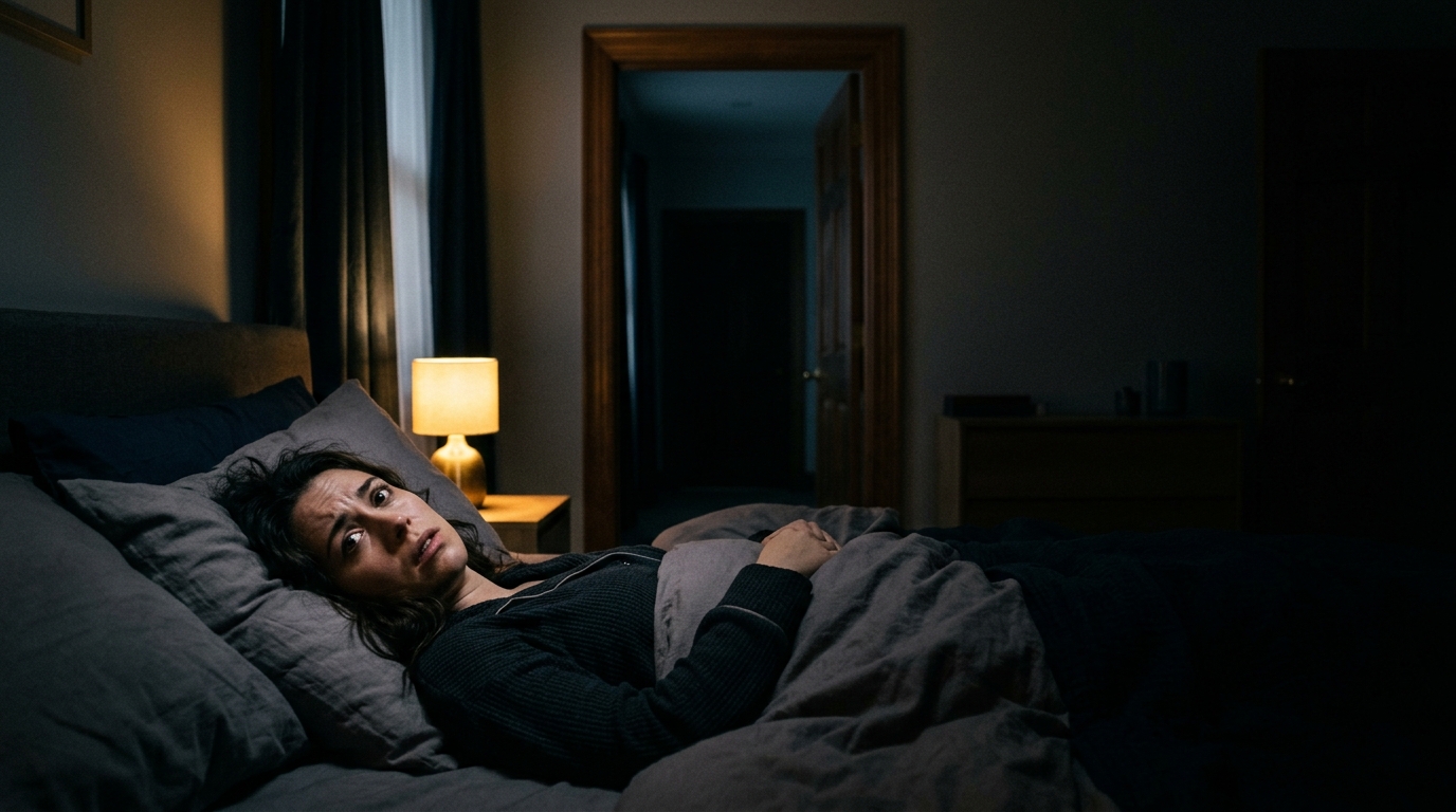 Personne éveillée dans un lit aligné face à la porte de chambre