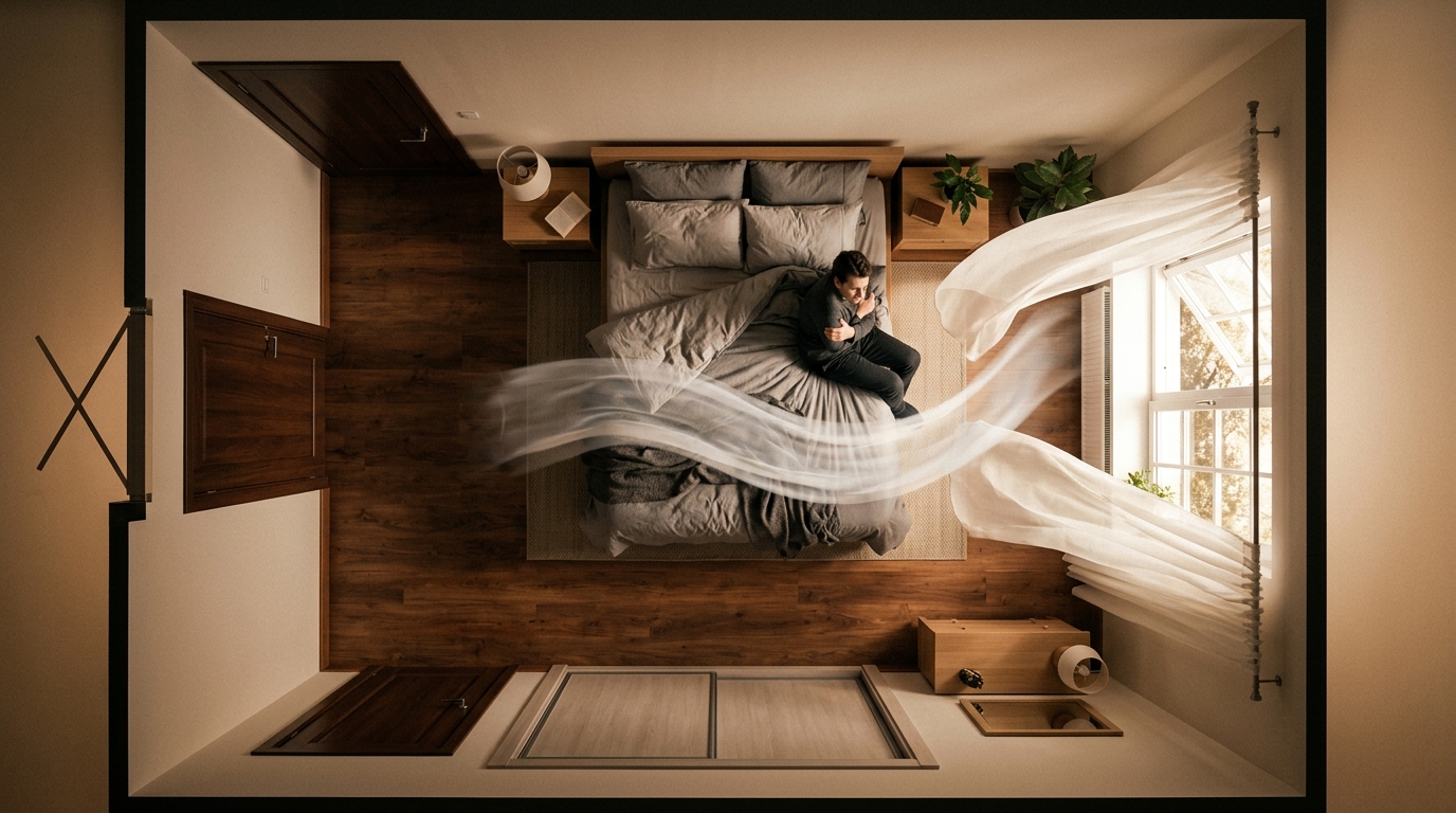 Vue d'une chambre avec lit placé entre porte et fenêtre