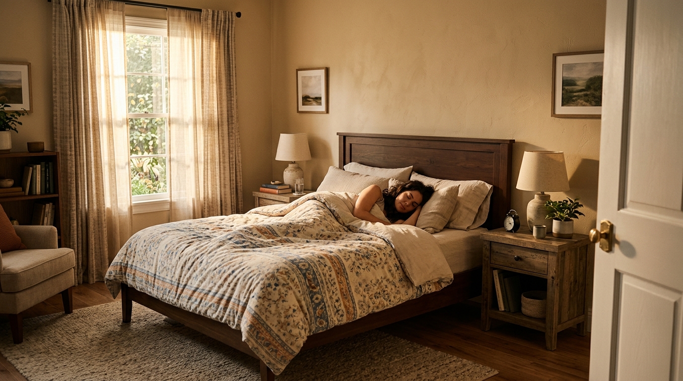 Dormeur paisible dans un lit positionné en diagonale contre un mur plein