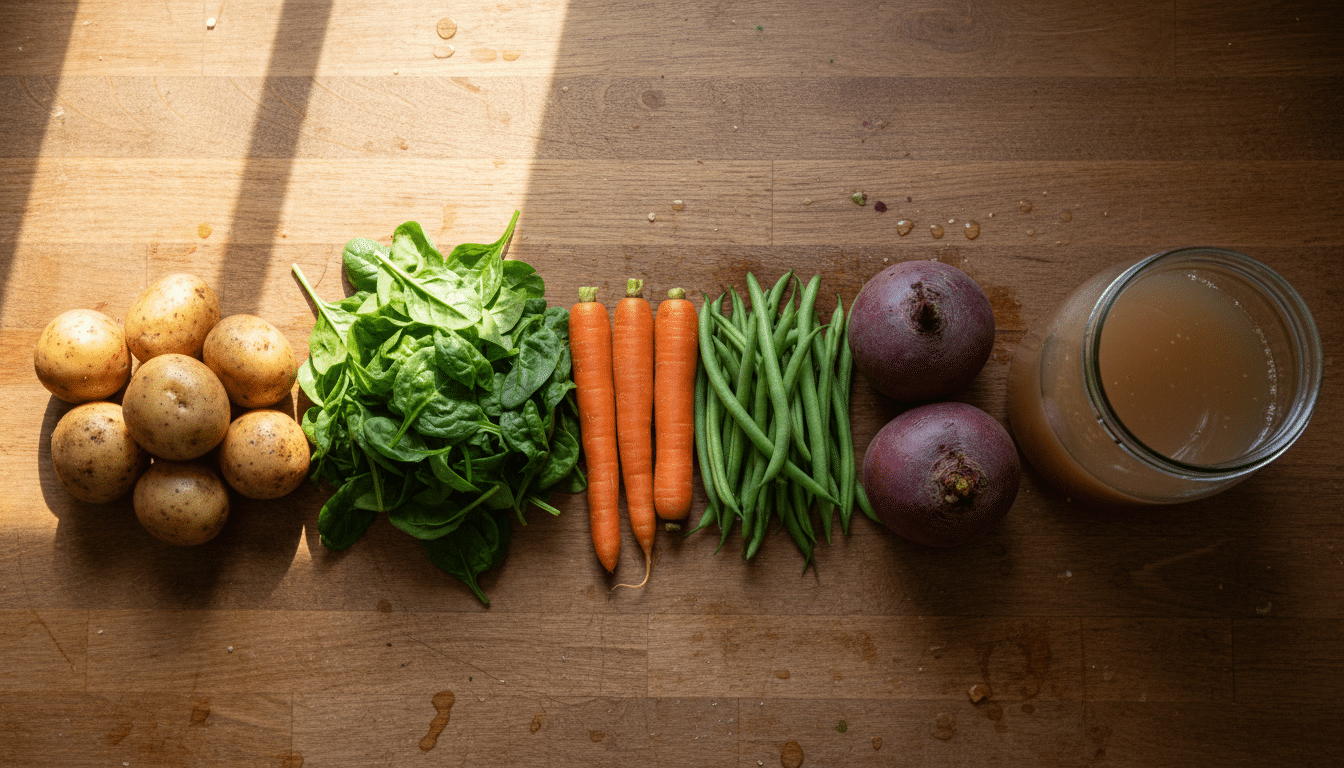 Cinq légumes crus et un bocal d'eau de cuisson sur un plan de travail