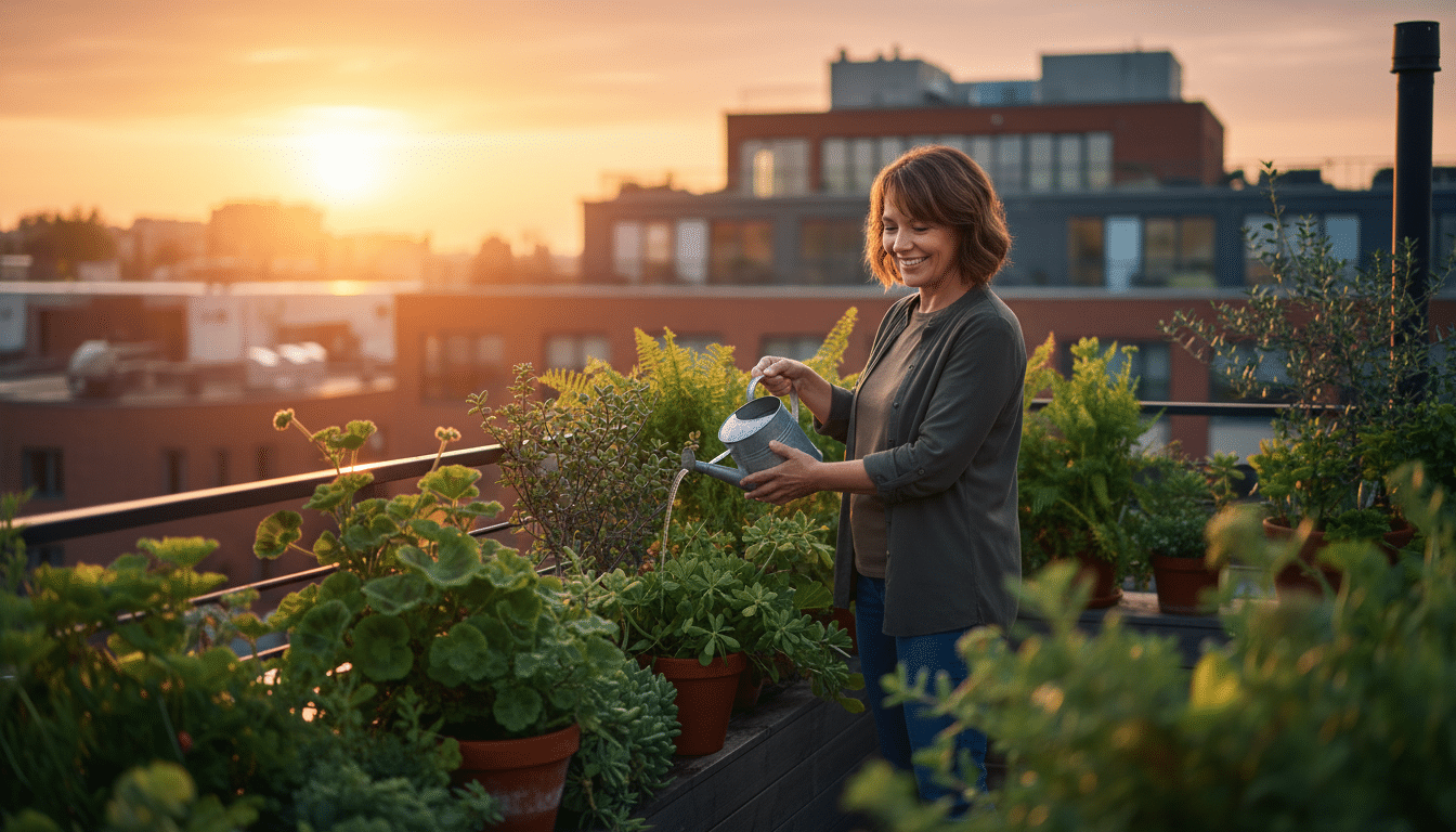 Femme arrosant ses plantes de balcon avec un arrosoir le matin