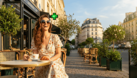 Femme en terrasse profitant de la chaleur printanière en avril