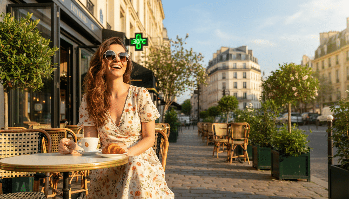 Femme en terrasse profitant de la chaleur printanière en avril